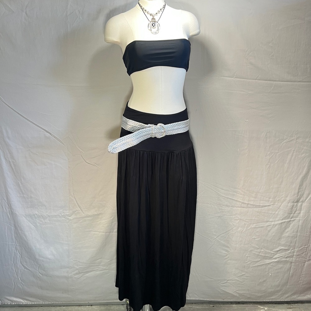 SIMLU Black Maxi Skirt Medium High Waist Modal Stretch Pull‎ On Pockets